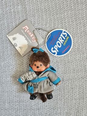 Human Monkey Bag Charm Key Chain Japanese Vintage 90s Ugly Cute Doll Bow Blue